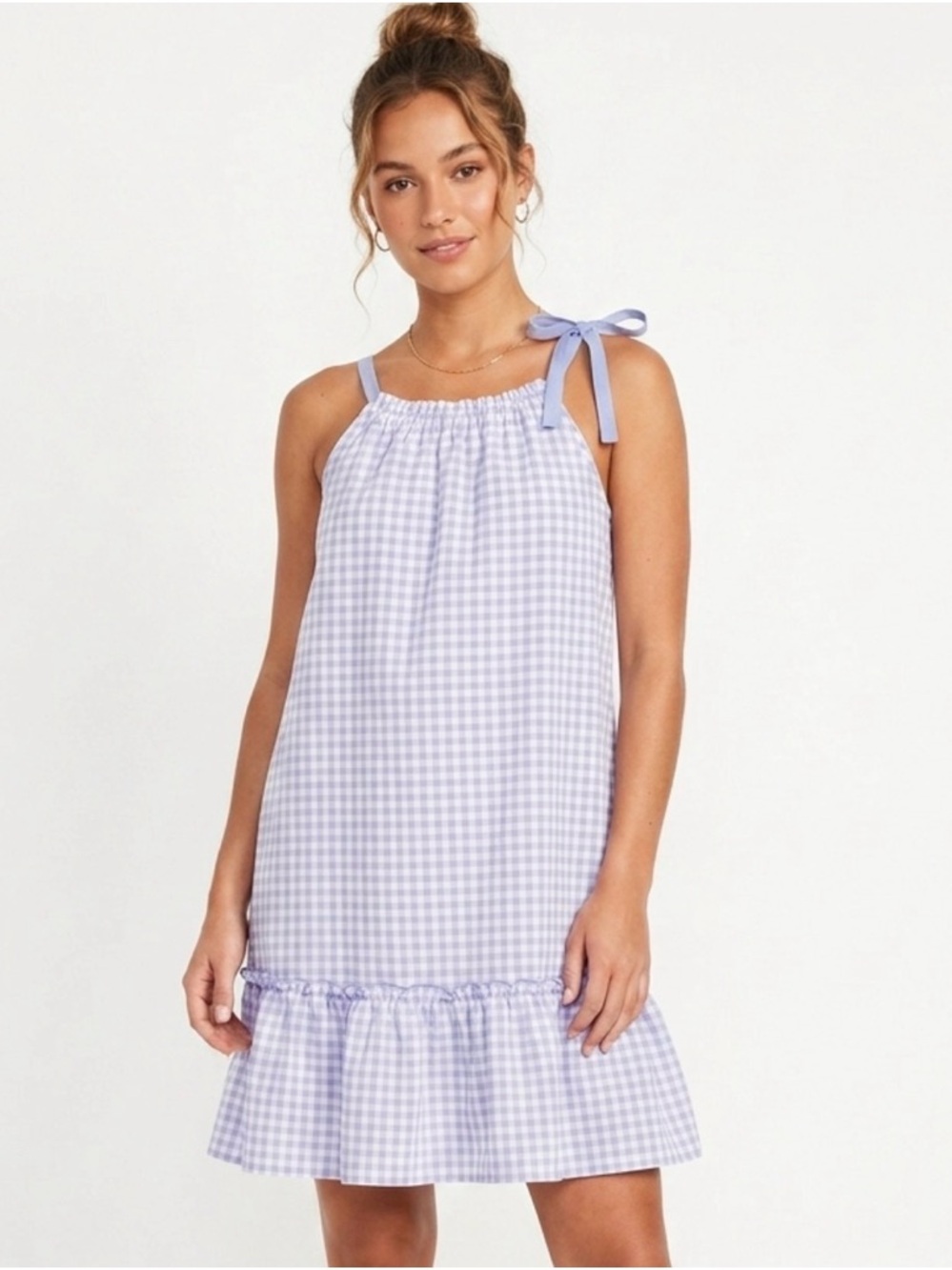 Light Blue and White Gingham Halter Dress